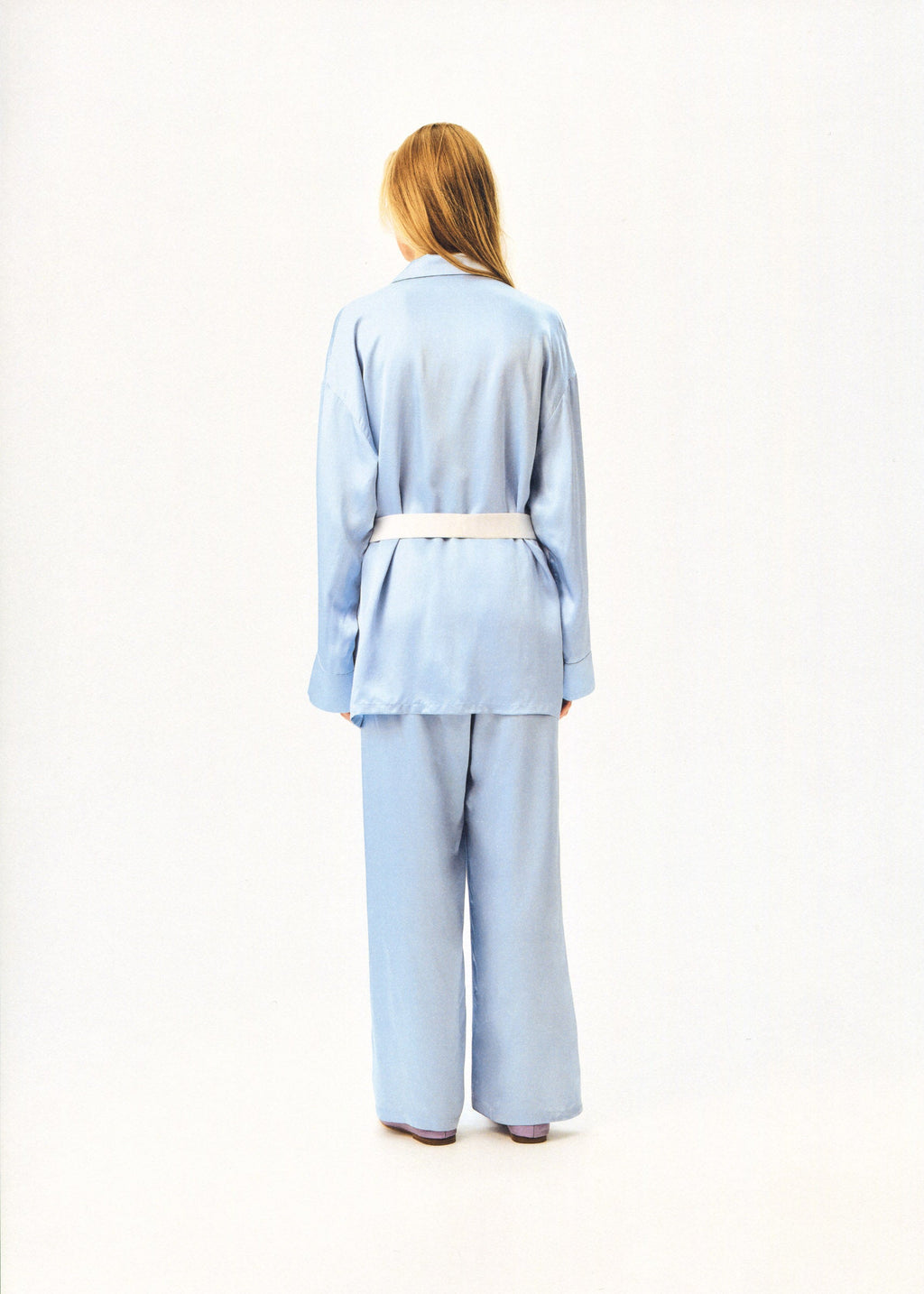 The Rose Oversized Pajama Set in Blue with White trim
