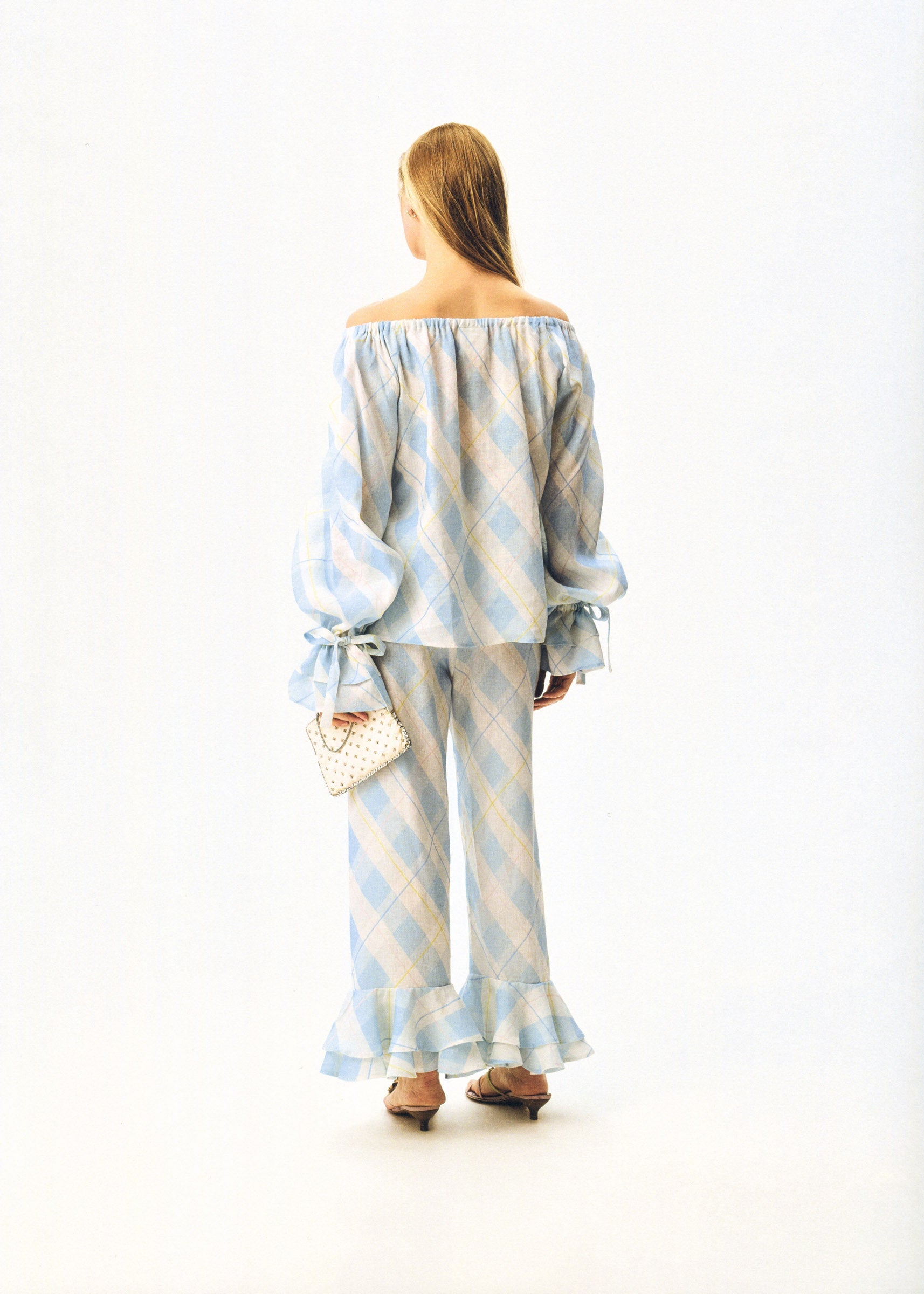 Cha-Cha Linen Lounge Pants with Headscarf in Blue Plaid