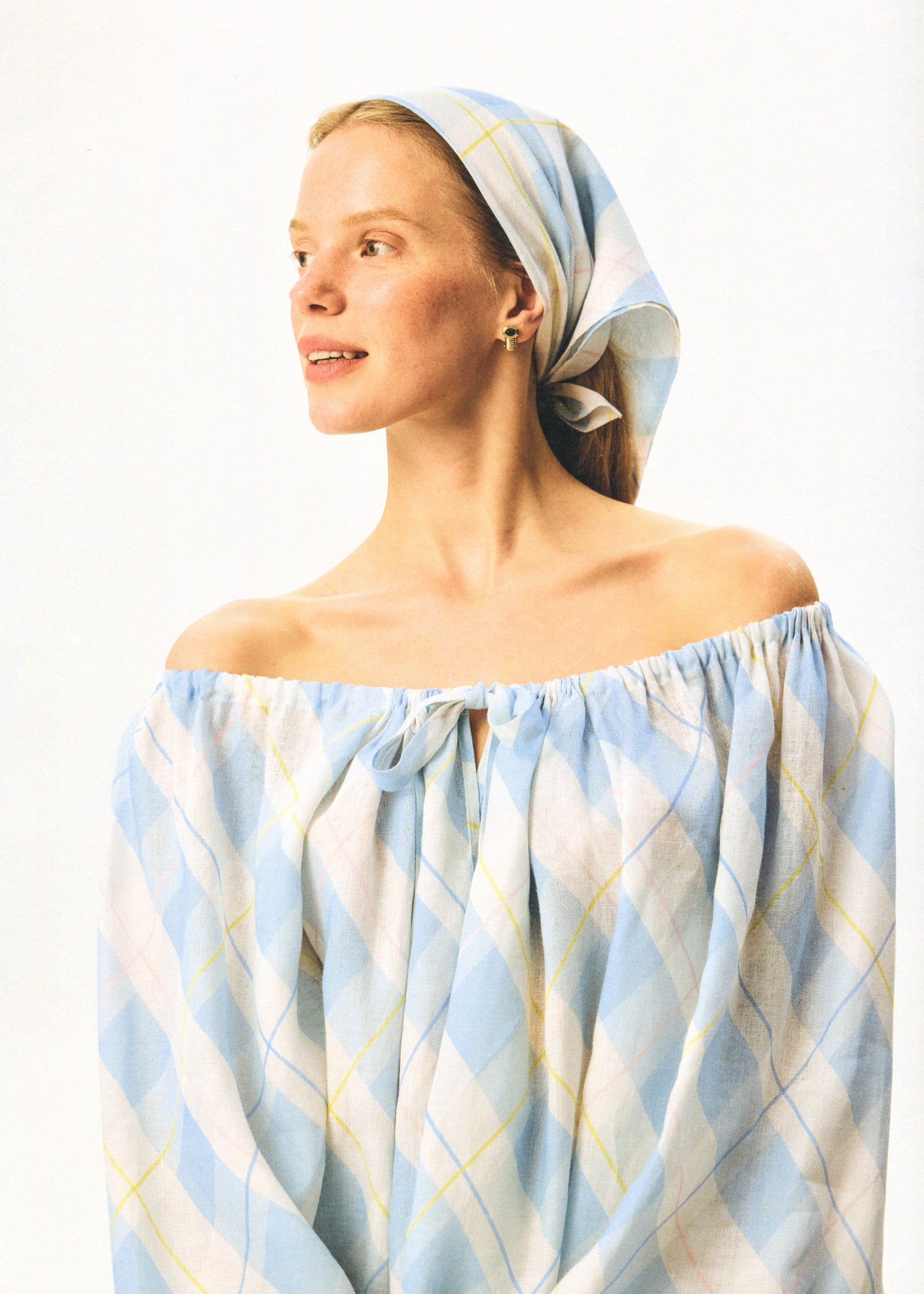Cha-Cha Linen Lounge Pants with Headscarf in Blue Plaid