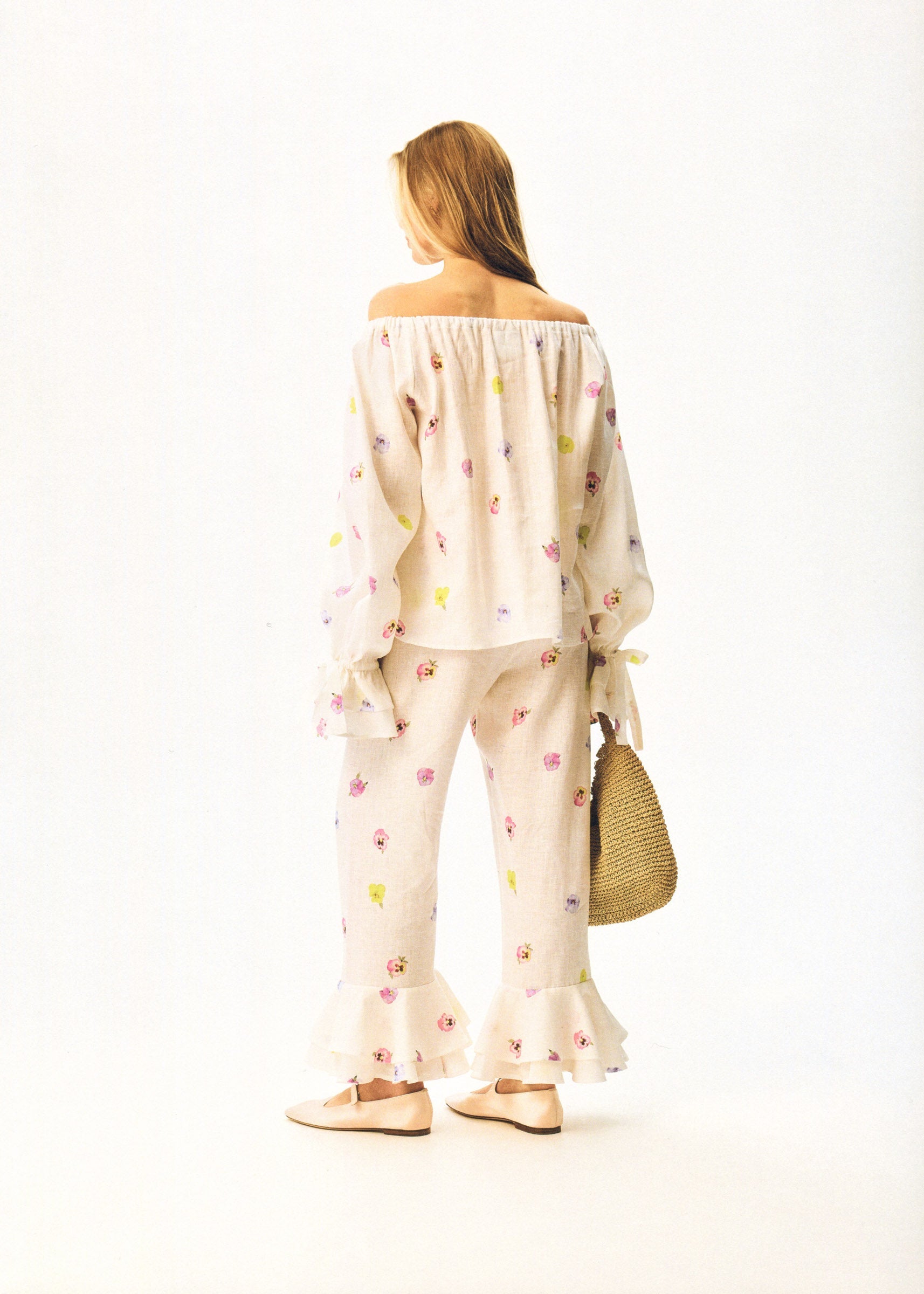 Cha-Cha Linen Lounge Pants with Headscarf in Pansies
