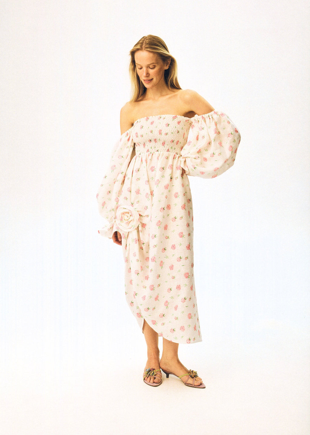 Atlanta Linen Dress with Rose Detail in Roses