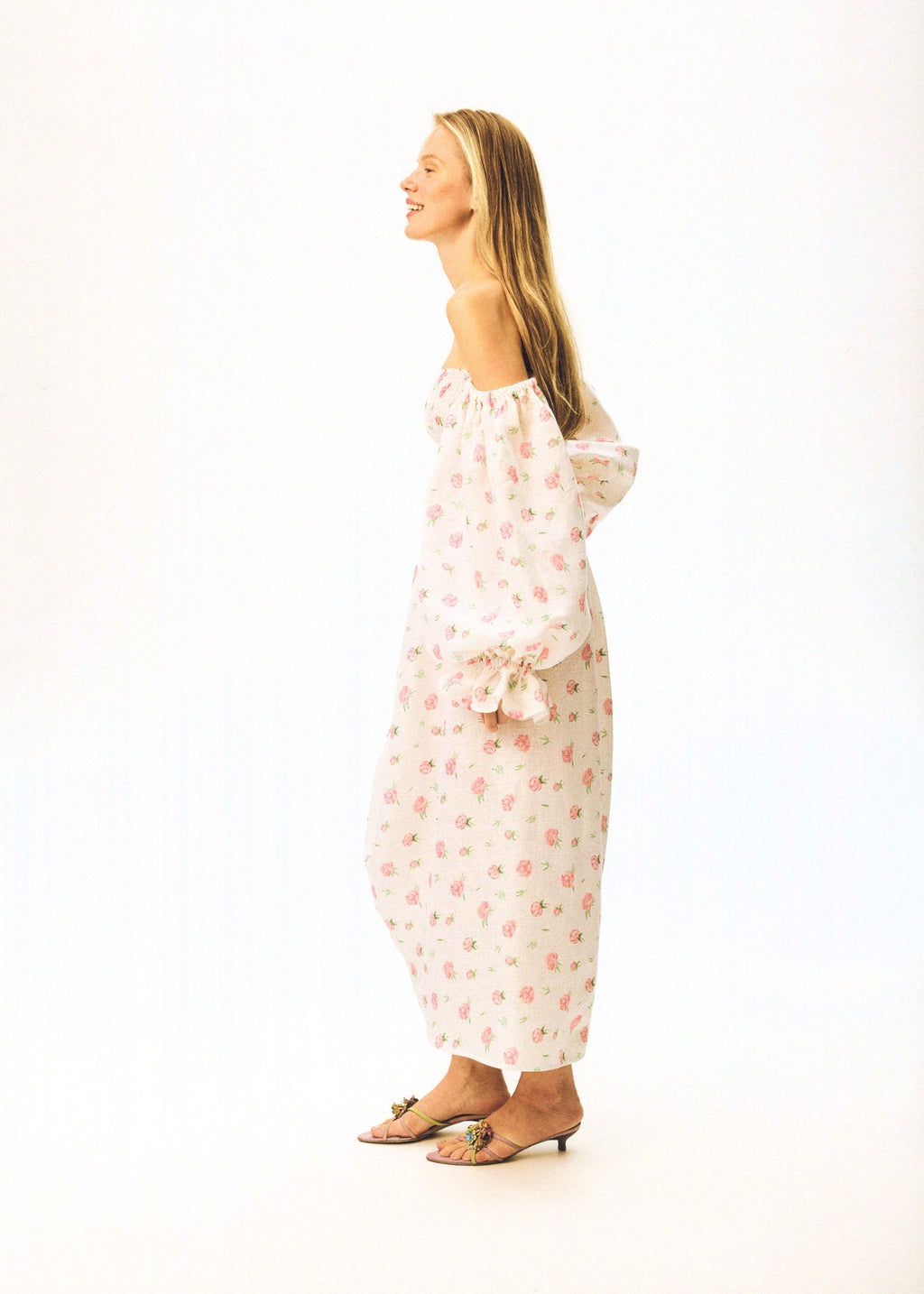 Atlanta Linen Dress with Rose Detail in Roses