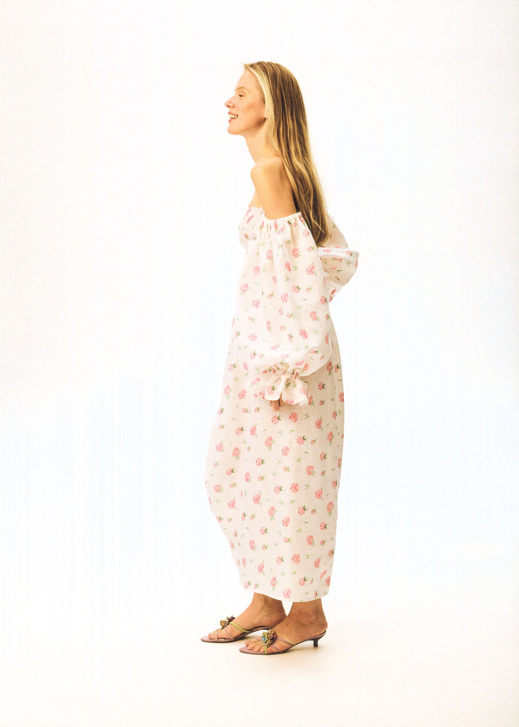 Atlanta Linen Dress with Rose Detail in Roses
