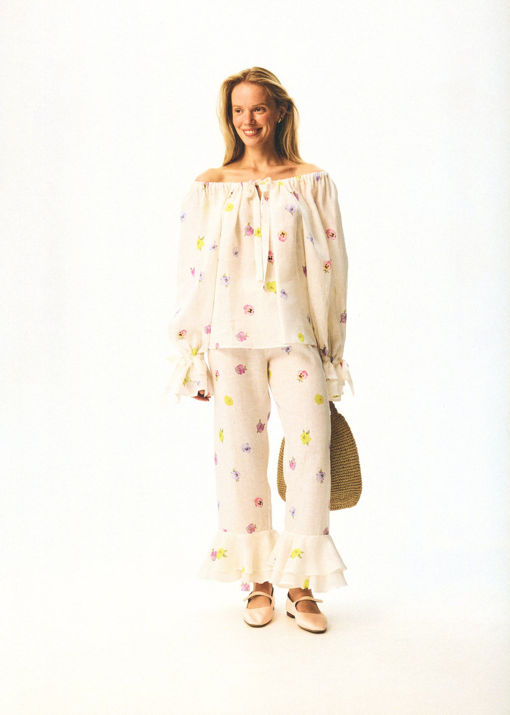Cha-Cha Linen Lounge Pants with Headscarf in Pansies